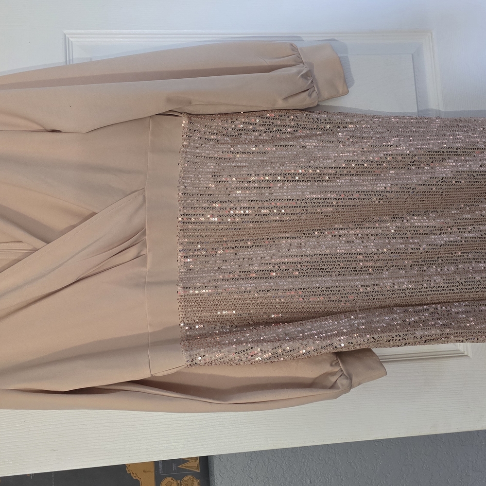 Elegant Beige and Gold Sequin Wrap Dress - Picture 2 of 3